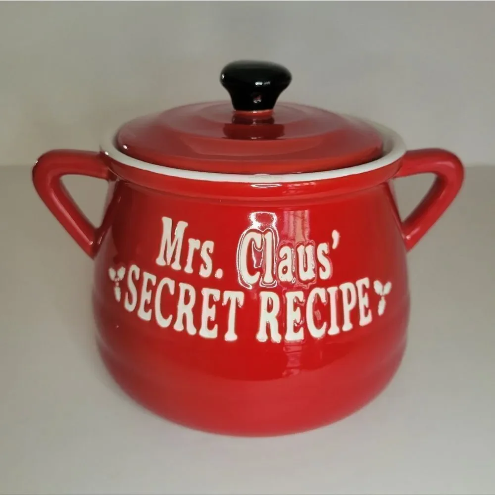 Mrs Claus Secret Recipe Covered Pot Red and White
